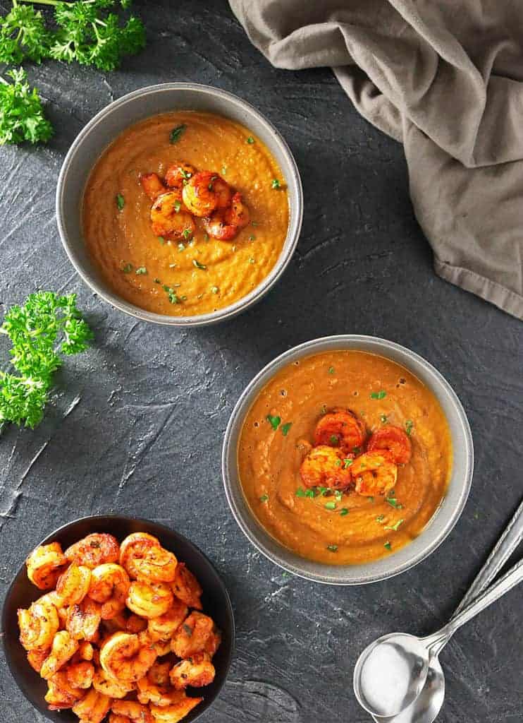 Curried Butternut Squash Soup With Spicy Shrimp
