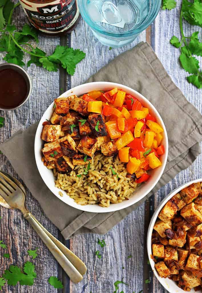 Easy Honey BBQ Tofu Bowl with Rice and Peppers