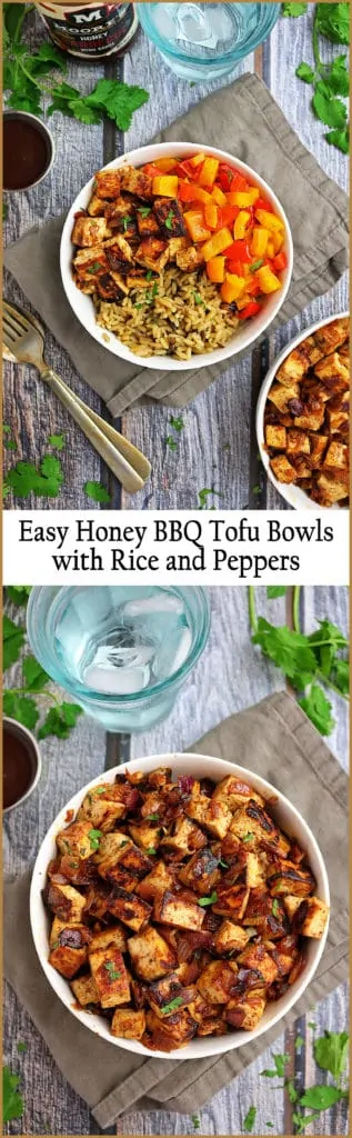Easy Honey BBQ Tofu Bowl with Rice and Peppers - made with Moore's Marinades and Sauces