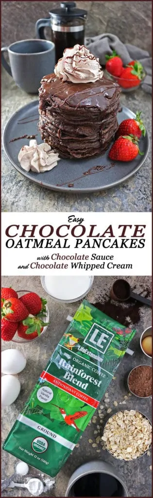 Easy Chocolate Oatmeal Pancakes with Chocolate Sauce and Chocolate Whipped Cream and Life Extension®’s Coffee