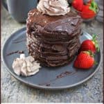 Easy Chocolate Oatmeal Pancakes with Chocolate Sauce and Chocolate Whipped Cream and Life Extension®’s Coffee