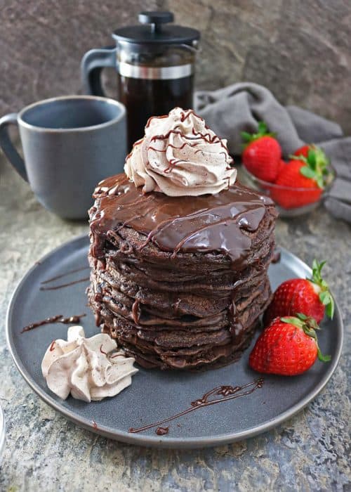 Easy Chocolate Oatmeal Pancakes with Chocolate Sauce and Chocolate Whipped Cream