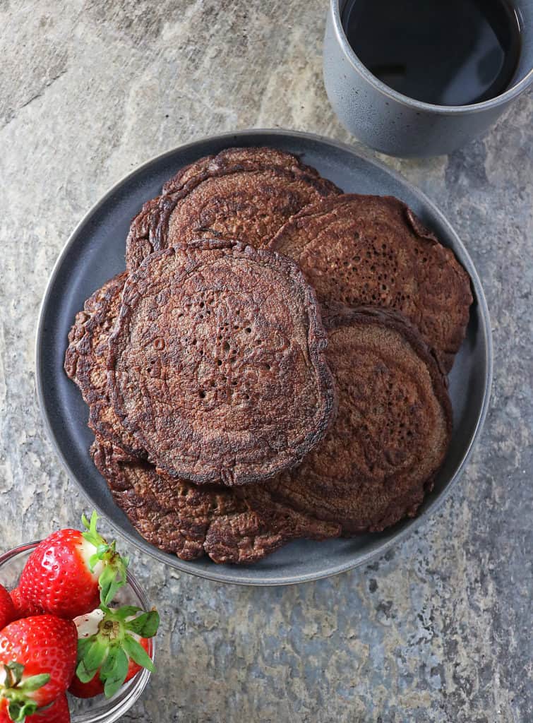 Easy Chocolate Oatmeal Pancakes with Chocolate Sauce and Chocolate Whipped Cream