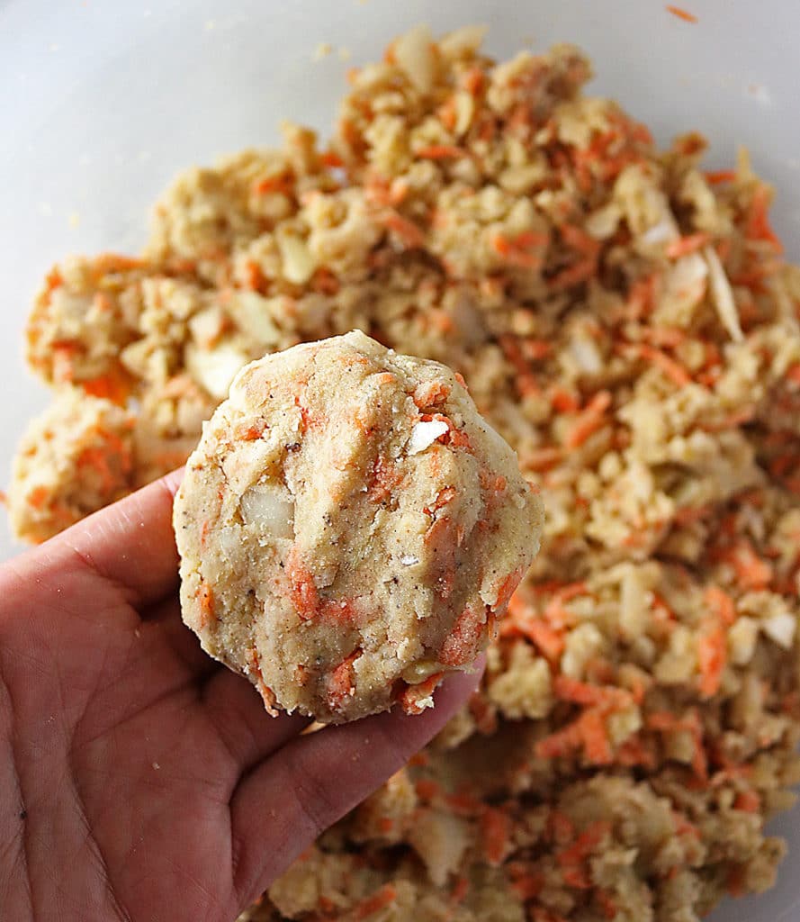 Photo of one formed Curry Spiced Lentil Burger in my hand