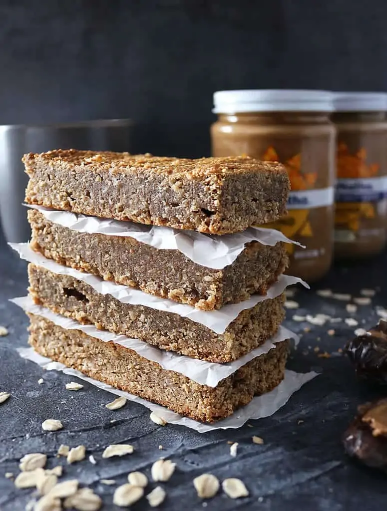 Stack of thick, delicious,, Refined Sugar Free and Gluten Free Date Almond Bars