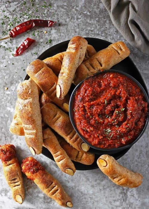 Cheesy Walking Dead Finger Breadsticks and Roasted Red Pepper Red Wine Dip