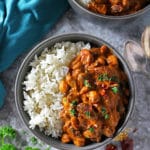 Overhead view of bowl with Easy Three bean curry and rice