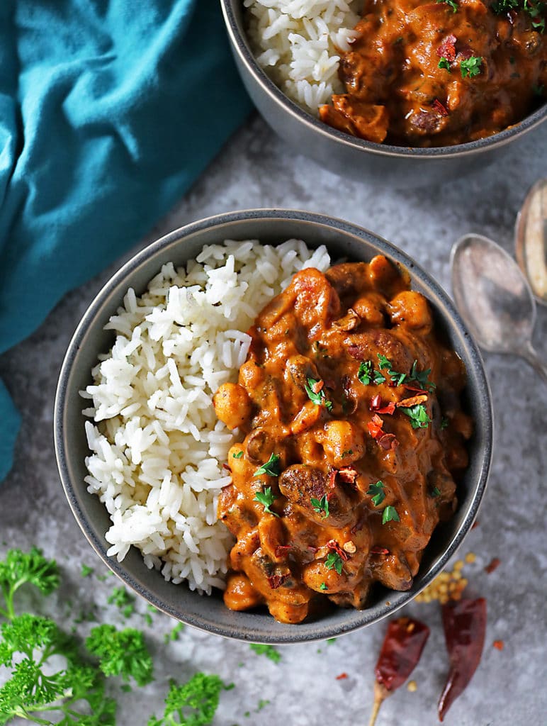 Overhead view of bowl with Easy Three bean curry and rice