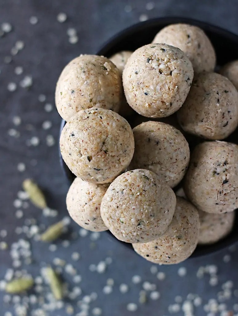 Overhead view of No Bake White Chocolate Almond Bites Stacked in A Bowl