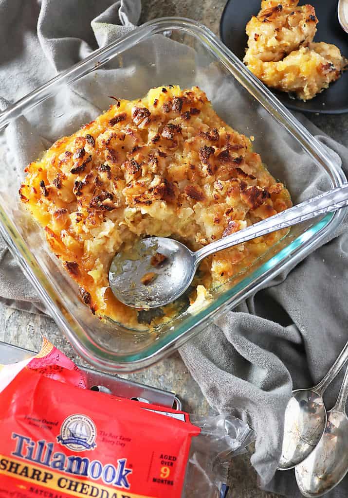 Overhead photo of Pineapple Casserole and Tillamook Cheddar