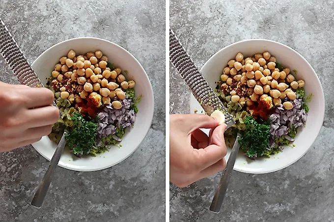 Two photos showing grating ginger and grating garlic into a bowl with ingredients to make chickpeas avocado salad