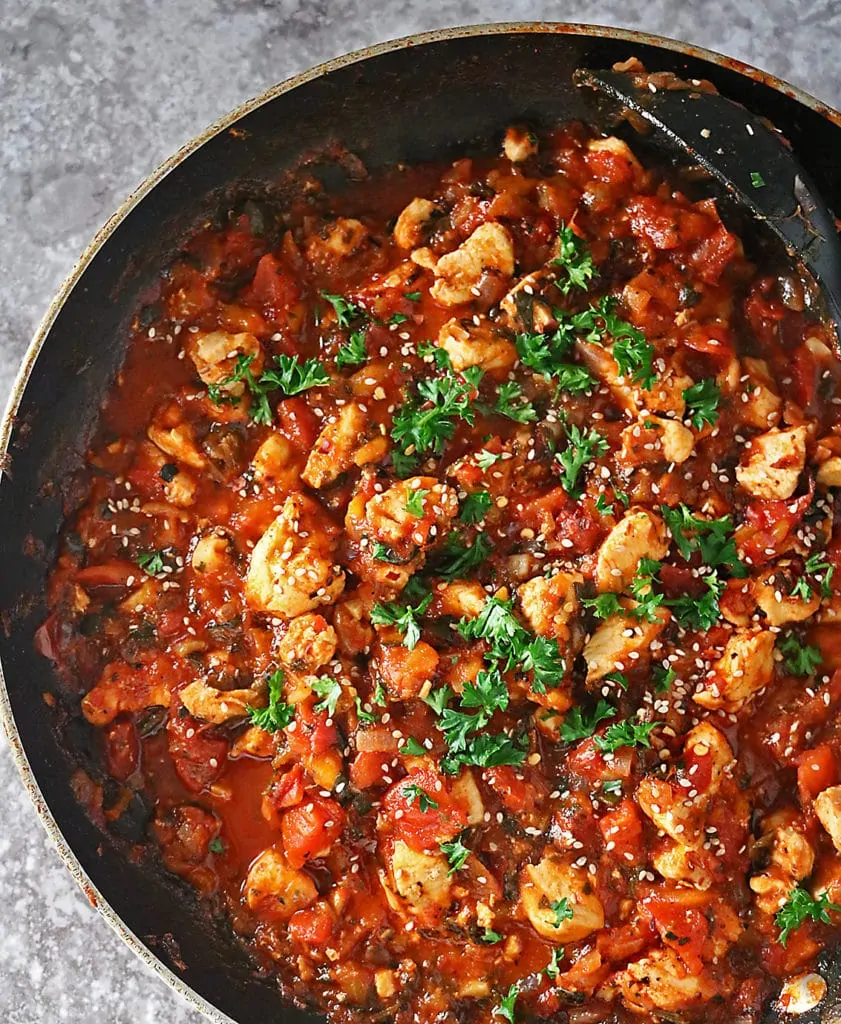 Overhead photo of pan with quick and easy mango chicken