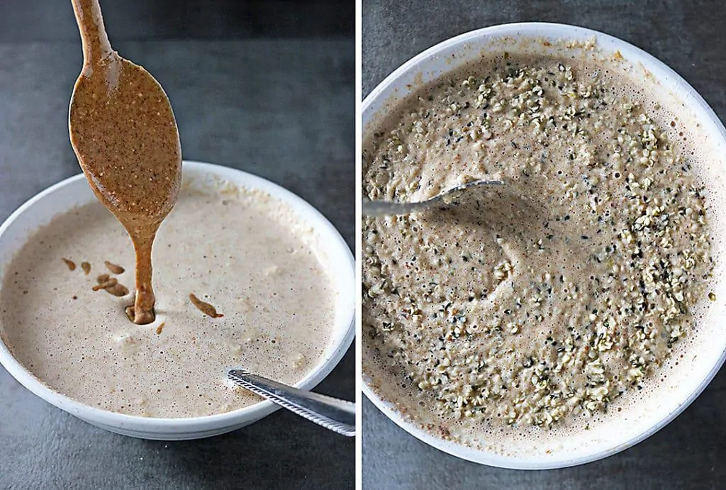 Mixing In Almond Butter And Hemp Hearts Into Pancake Batter