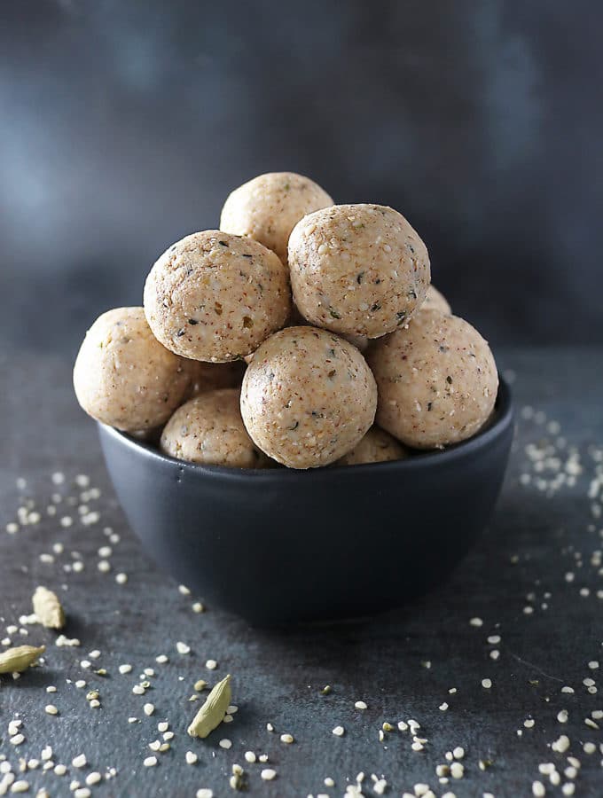 No Bake White Chocolate Almond Bites Stacked in A Bowl