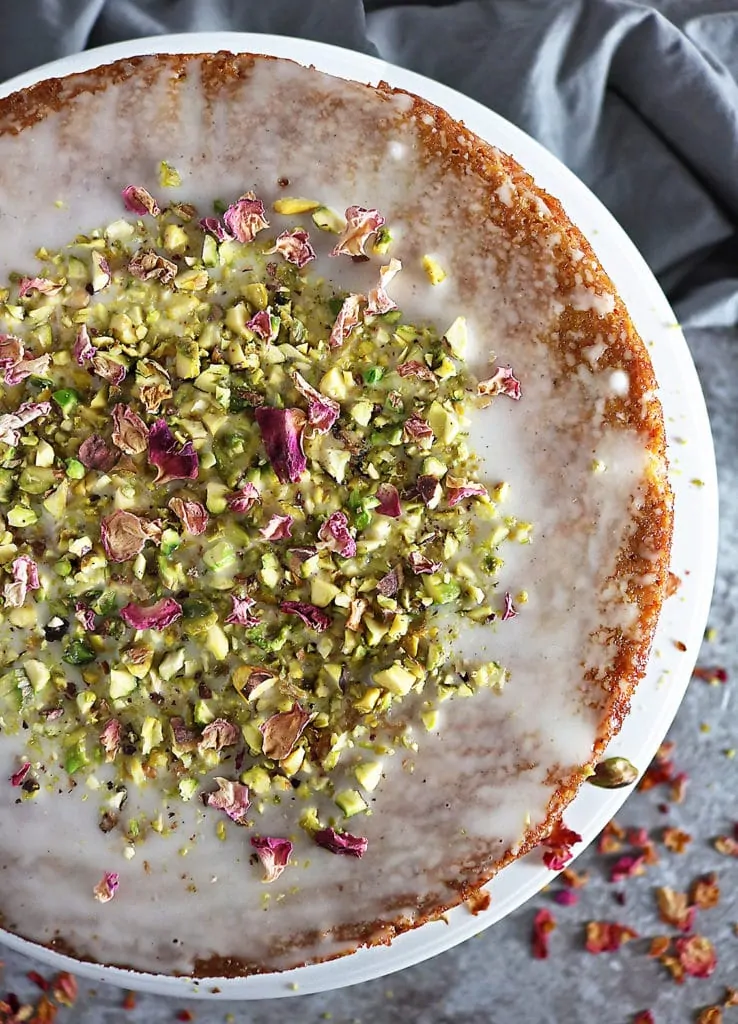 Overhead photo of Ottolenghi's Pistachio Rose Cake