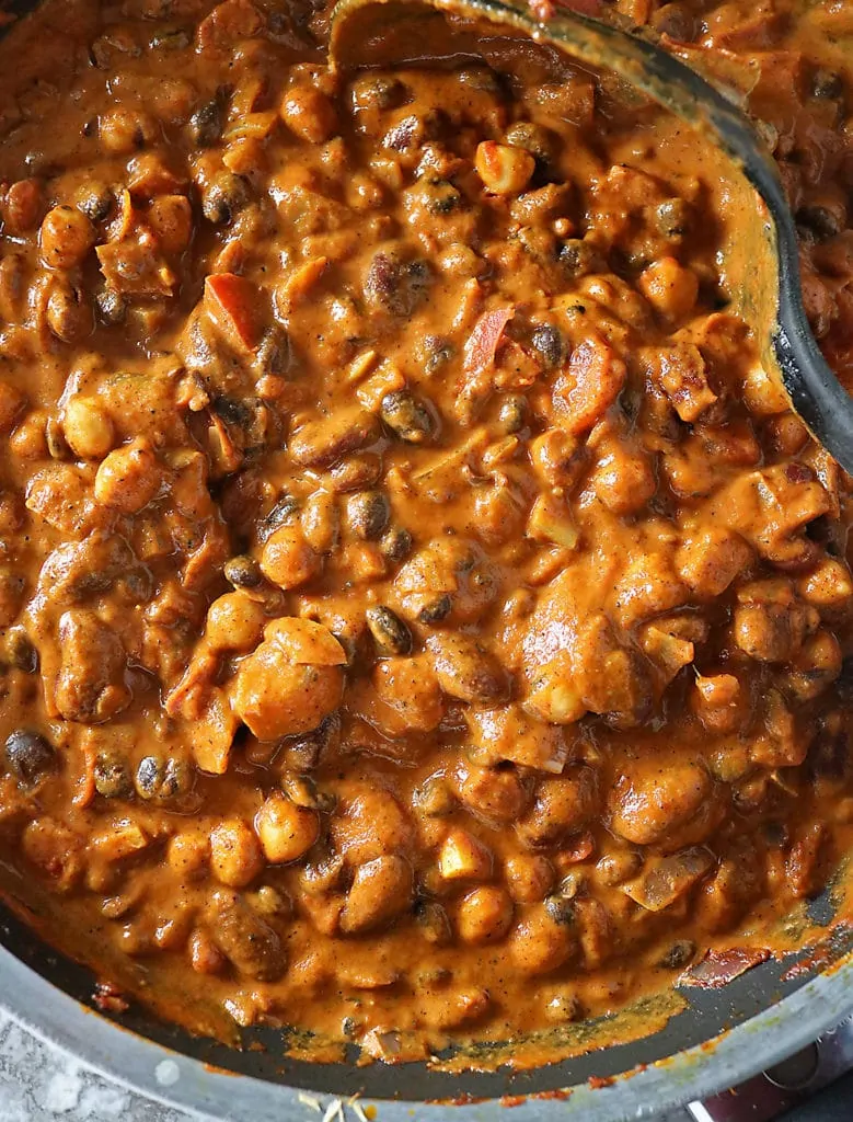 Overhead view of thick and hearty 3 bean curry
