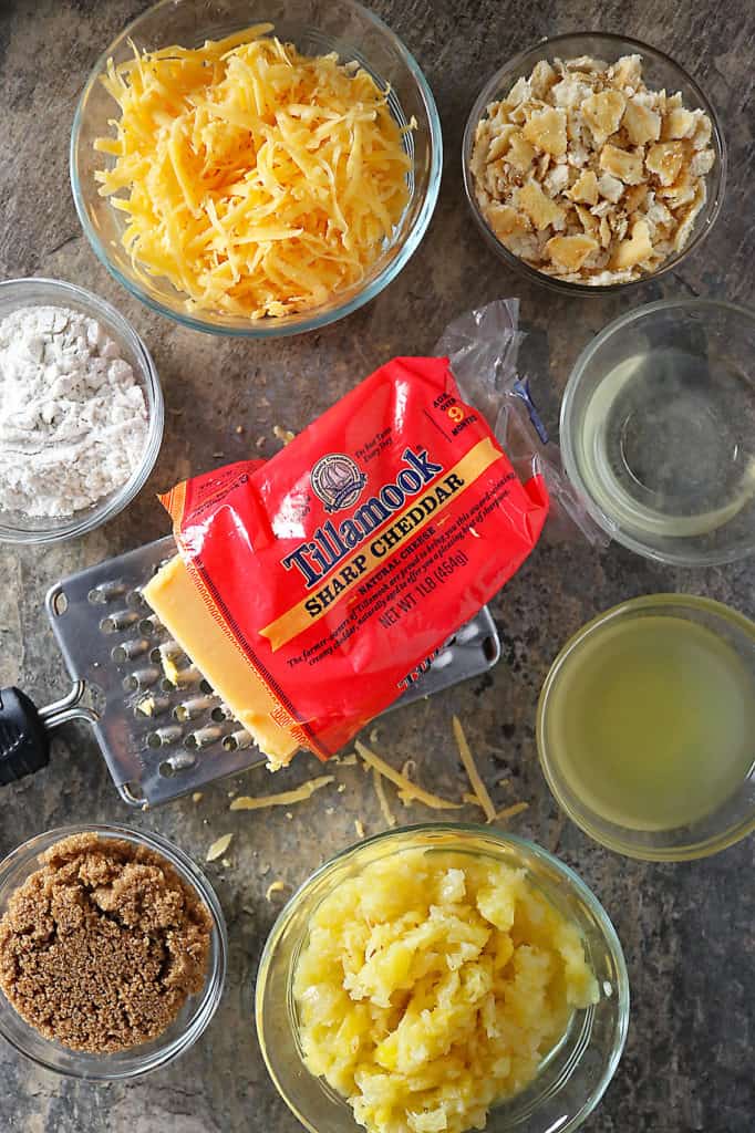 Overhead photo of Tillamook Sharp Cheddar and other ingredients to make Pineapple Casserole