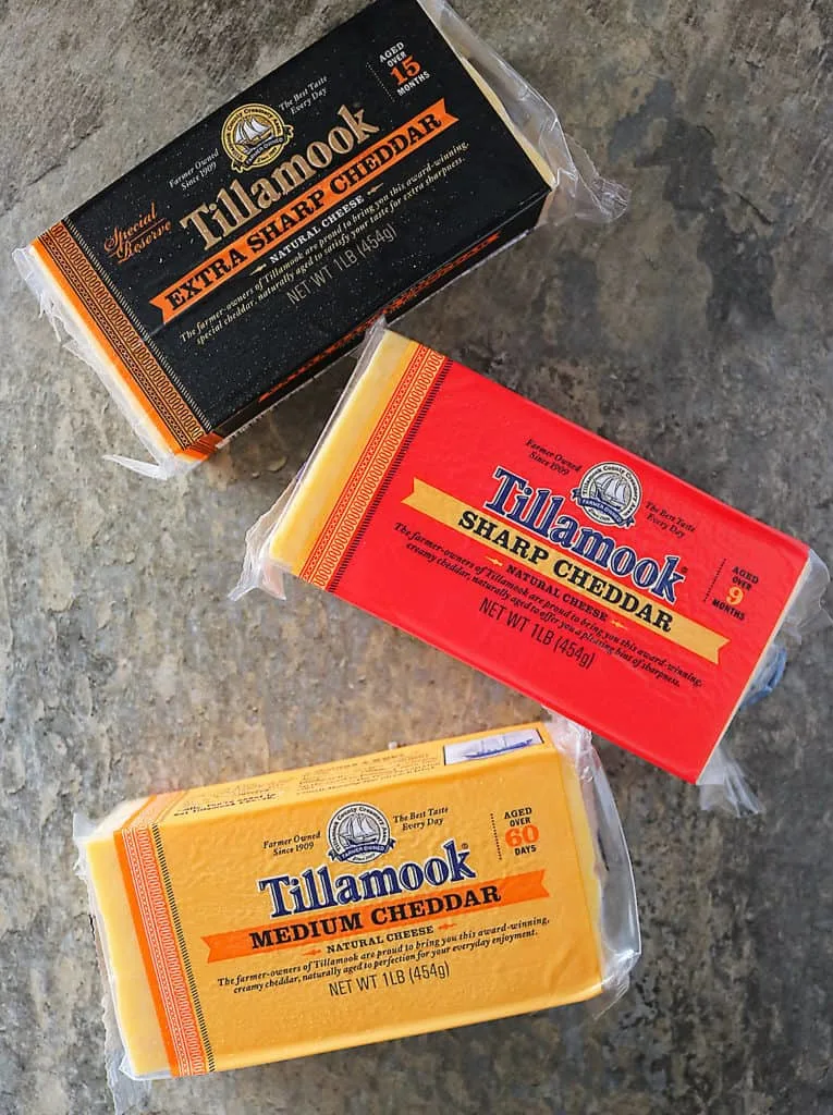 Photo of 3 different types of Tillamook Cheddar 