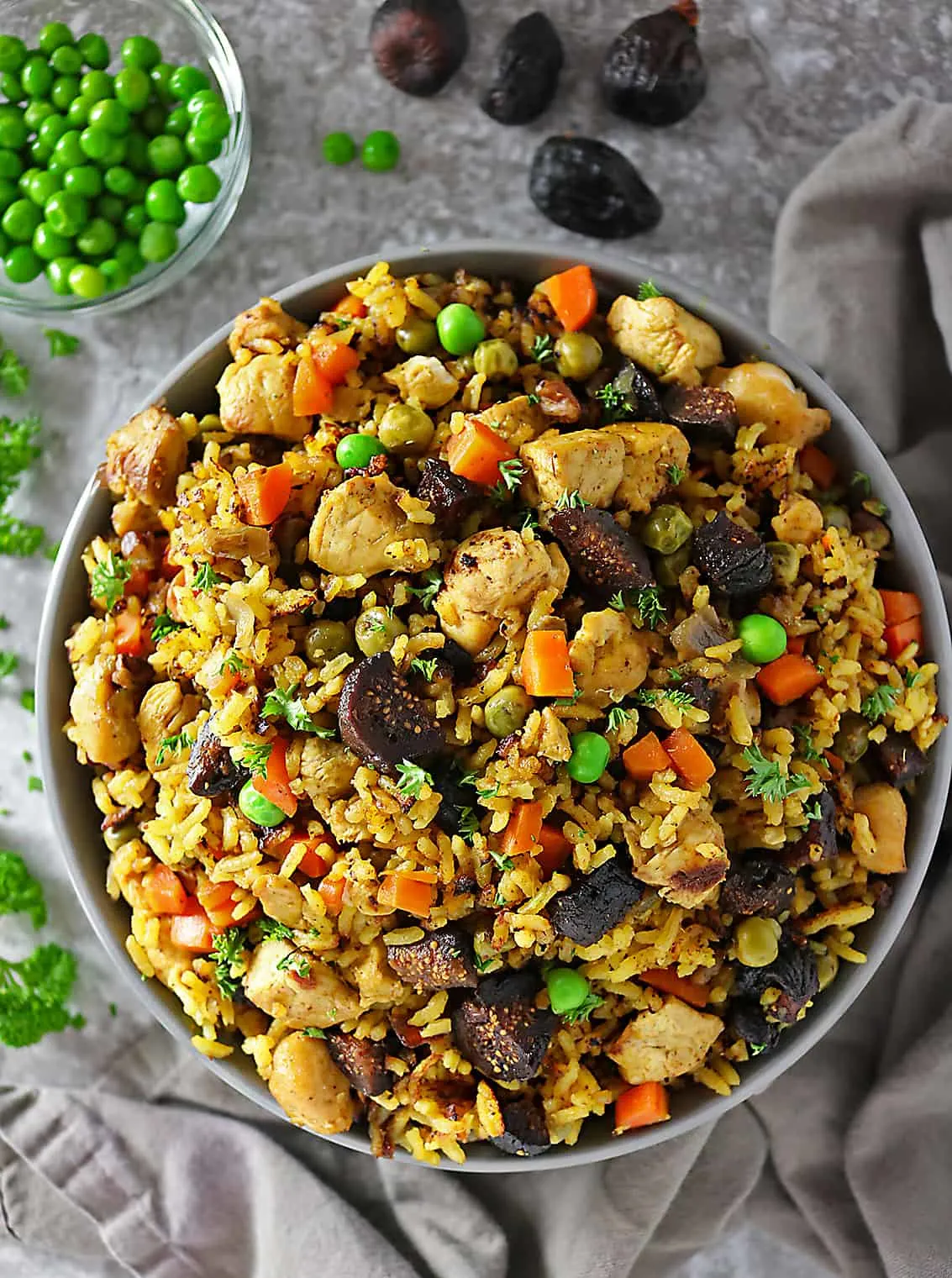 Overhead photo of bowl with Chicken Fig Nut Biryani