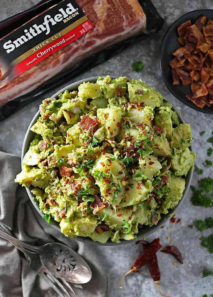 Overhead photo of potato salad with bacon and avocado