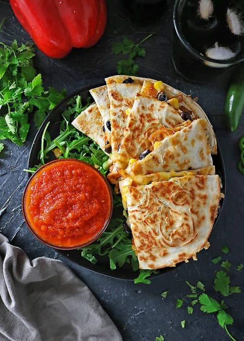 Spicy Veggie Quesadillas with Roasted Red Pepper Dip