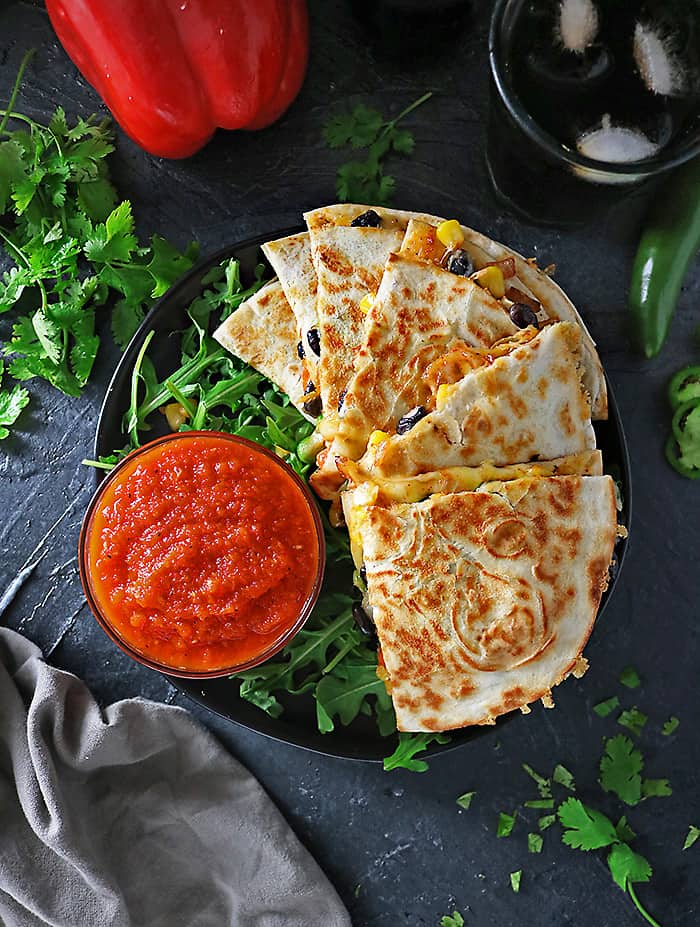 Overhead photo of Delicious Spicy Veggie Quesadillas And Coca-Cola for FIFA Viewing Party