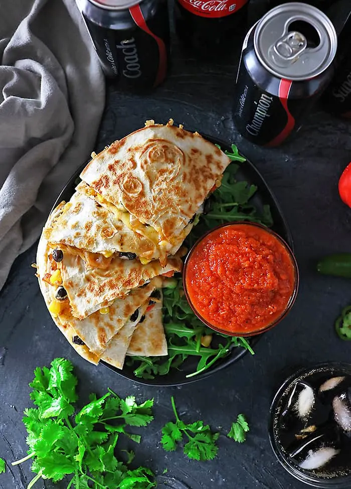 Overhead Photo of Delicious Spiced Veggie Quesadillas and Coca-Cola