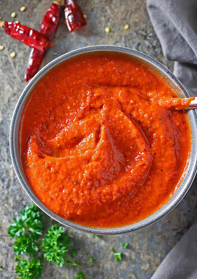 Overhead photo of roasted red pepper dip 