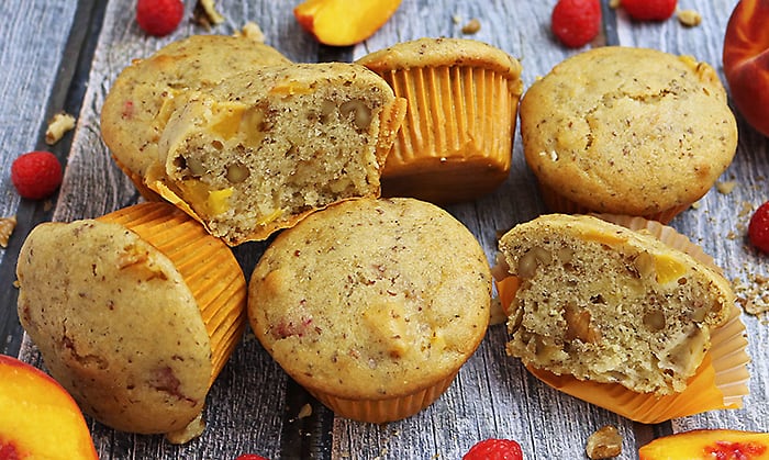 Gluten Free Nutty Vegan Peach Raspberry Muffins Image