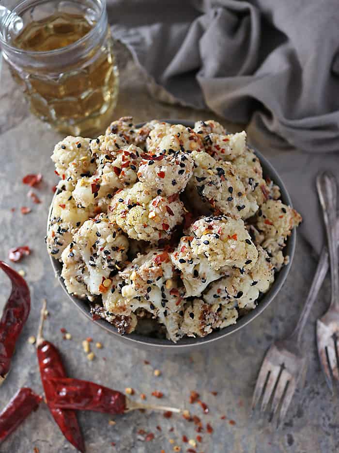 Bowl of Sesame Cauliflower adapted from Anthony Bourdain's recipe