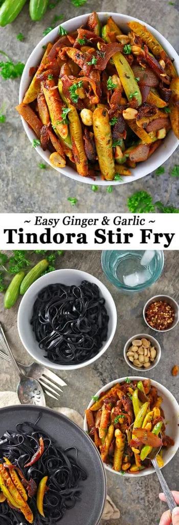 Ginger Garlic Tindora stir fry with black rice noodles Pinterest image