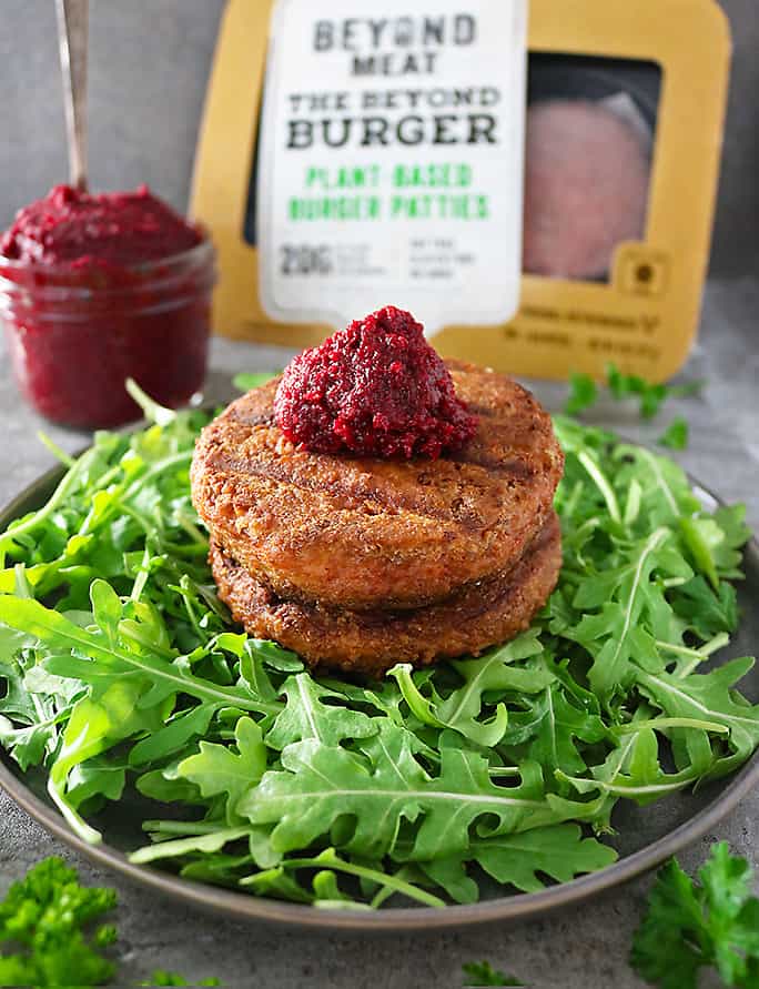 The Beyond Burger with Beet Onion Jam on top of it.