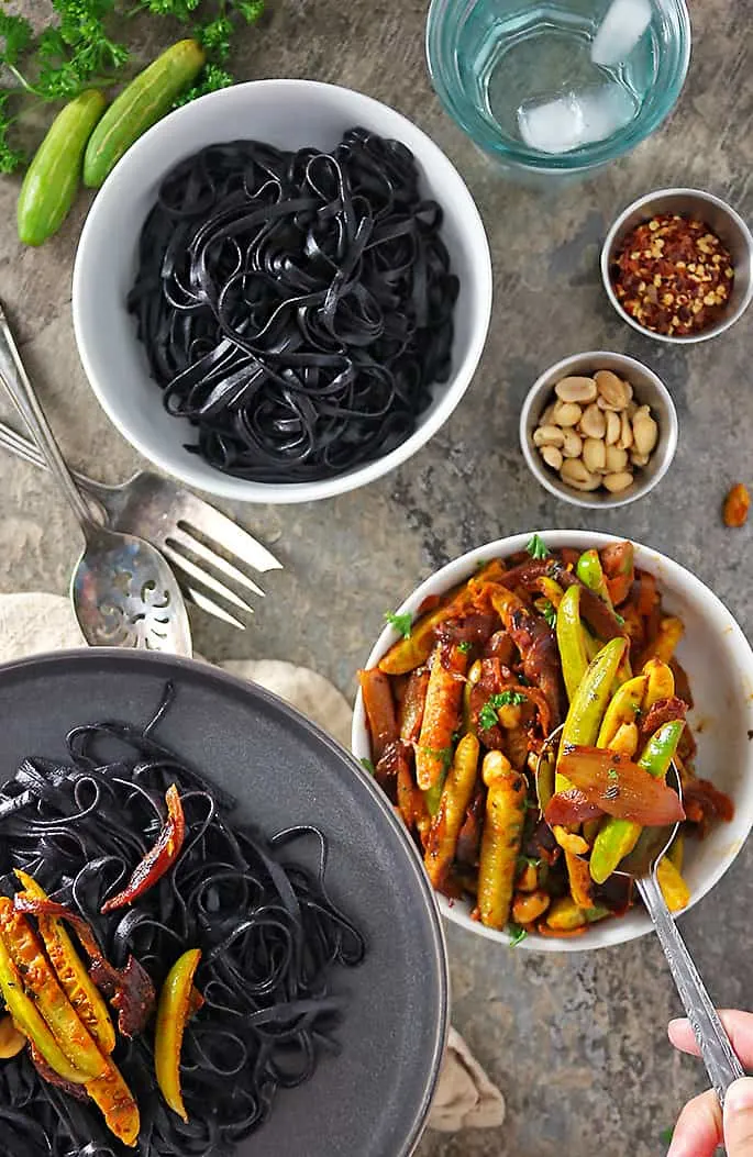 Spicy Ginger Garlic Tindora stir fry with black rice noodles