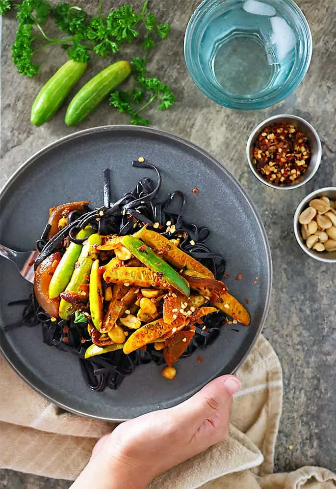 Tindora stir fry with black rice noodles