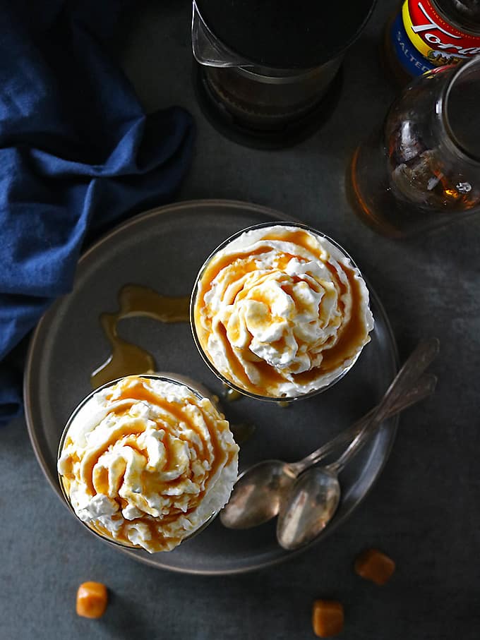 Torani Salted Caramel Syrup in an Glasses with Iced Bourbon Salted Caramel Latte