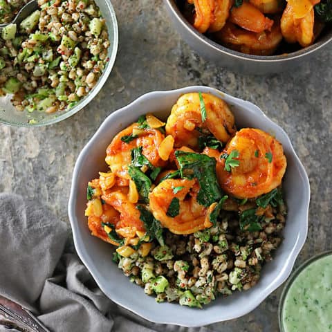 Overhead photo of Curried Shrimp Spinach Bowls