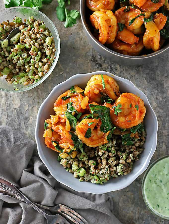 Overhead photo of Curried Shrimp Spinach Bowls