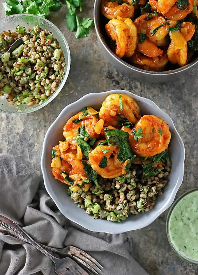 Overhead photo of Curried Shrimp Spinach Bowls