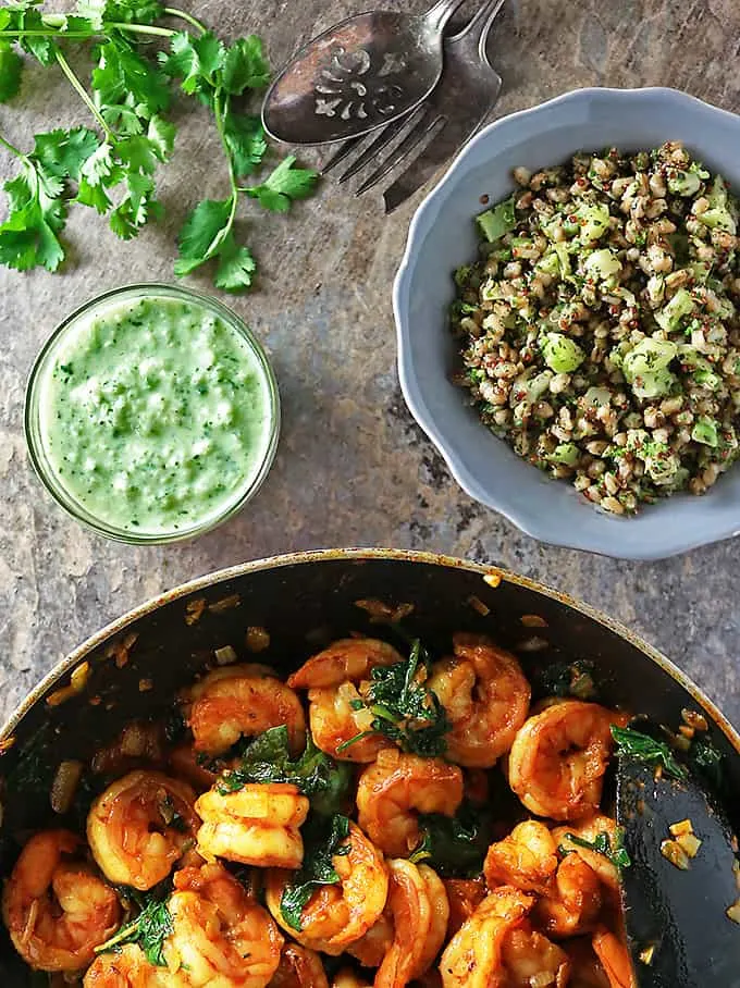 Photo of Spicy Curried Shrimp Spinach Sprouts Ancient Grains With Cucumber Yogurt Sauce