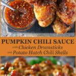 Pinterest photo of Pumpkin Chili-Sauce With Chicken Drumsticks And Potato Hatch Chili Phyllo Shells #GameDayGreats