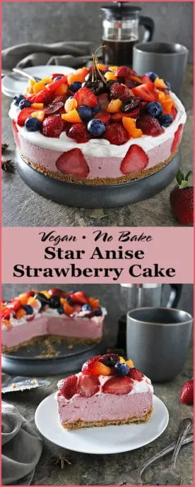 Photo Vegan No-Bake Star Anise & Strawberry Cashew Cake with seasonal produce from Sprouts!