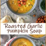 Highly aromatic and deliciously spiced, this creamy, nutritious Roasted Garlic Pumpkin Soup with some crusty bread made such a comforting end to my hectic day.