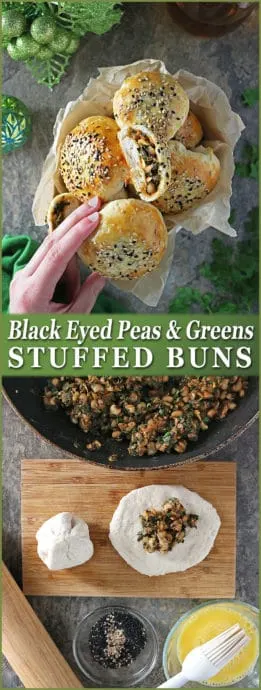 A simple and spicy saute of black eyed peas and greens is stuffed into biscuit dough to make these delicious and portable Black eyed peas and greens stuffed buns for New Year!