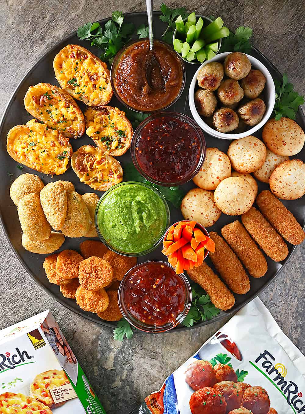 This delicious Party platter with Spicy Chili Maple Sauce, Spicy Peach Sauce, Spicy Green Sauce, & Spicy Date Sauce is one  you are going to want to serve at your get togethers.