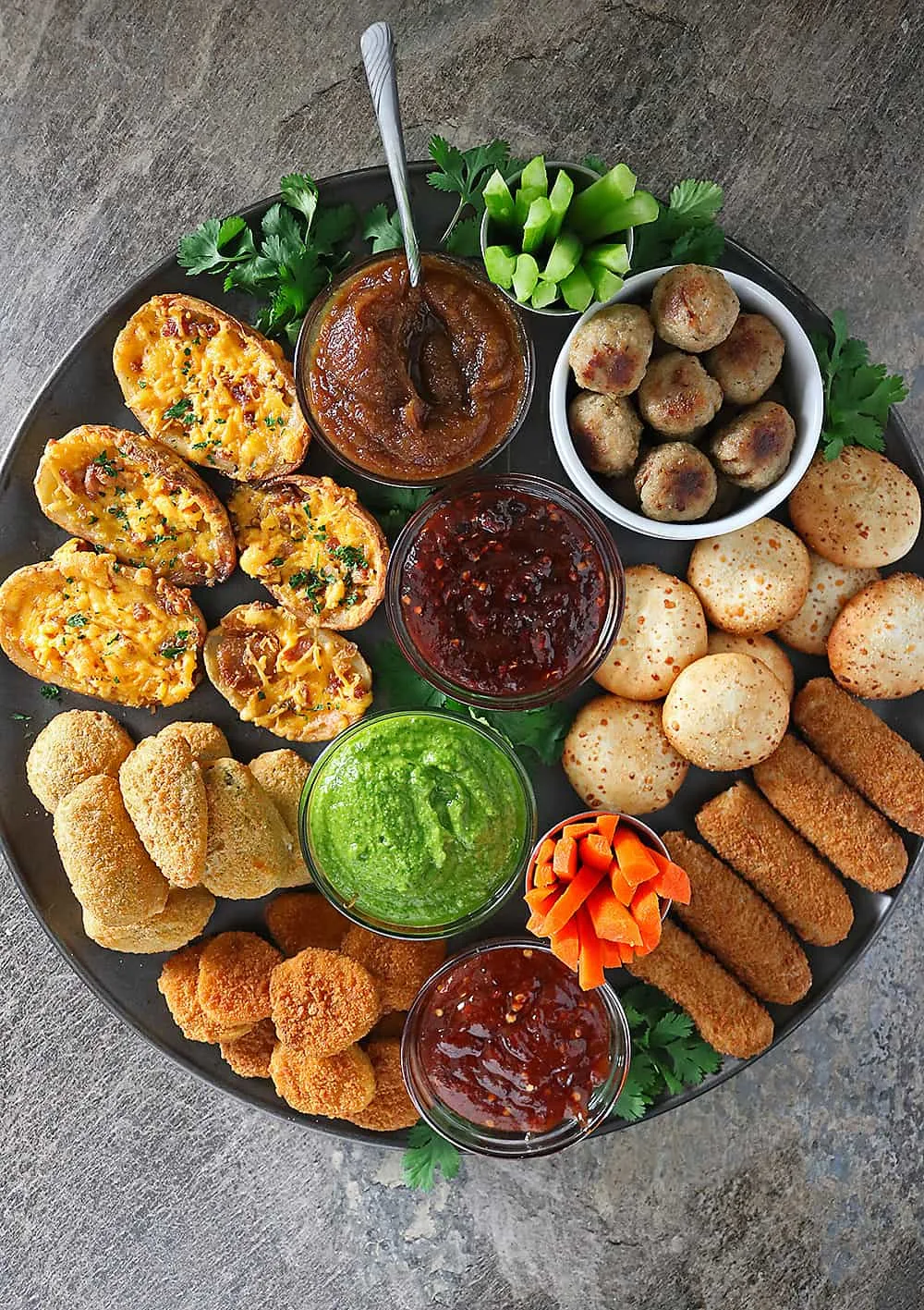 FarmRich Game Day Snacking Platter With Spicy Sauces.