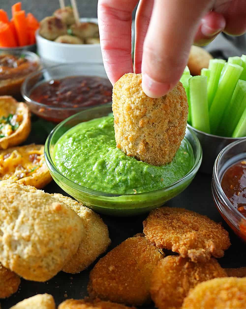 Delicious Spicy Green Sauce And FarmRich Jalapeno Poppers.