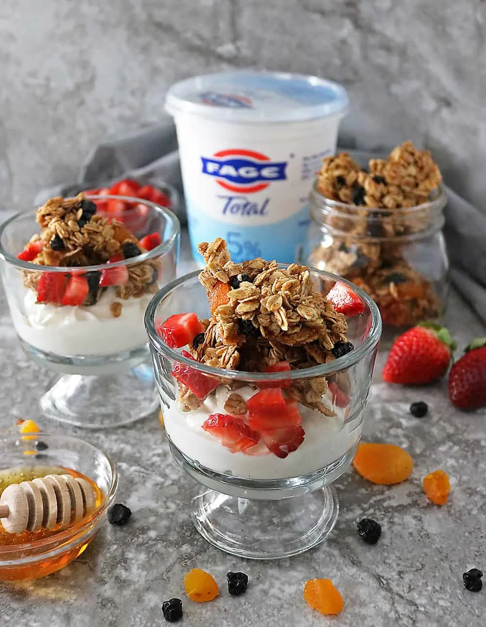 Delicious Clumpy Blueberry Apricot Granola with creamy FAGE