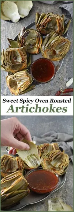 How to make fresh artichokes are cleaned, trimmed, de-choked, and slathered with a tastebud tantalizing, Honey Orange Chili Sauce and oven roasted into these Sweet Spicy Oven Roasted Artichokes your friends and family are sure to love!