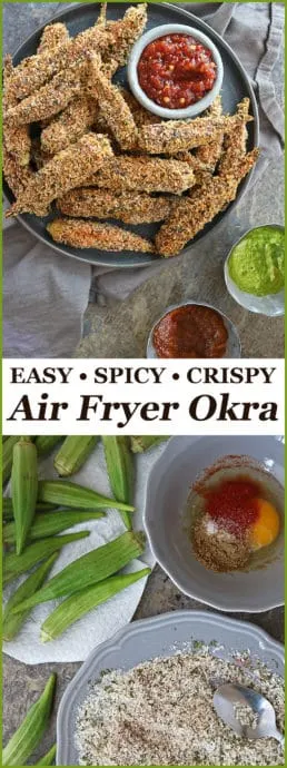Coated with a deliciously spiced egg wash and flaked panko breading, these Crispy Spicy Air Fryer Okra are delicious to snack on.