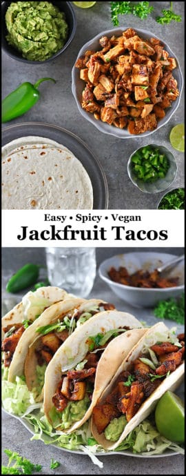 These jackfruit tacos are so easy to whip up on a busy night ~ and, heavily spiced with coriander, cumin, smoked paprika, ginger and chili powder, they make for a tasty, filling, and spicealicious, vegan meal!